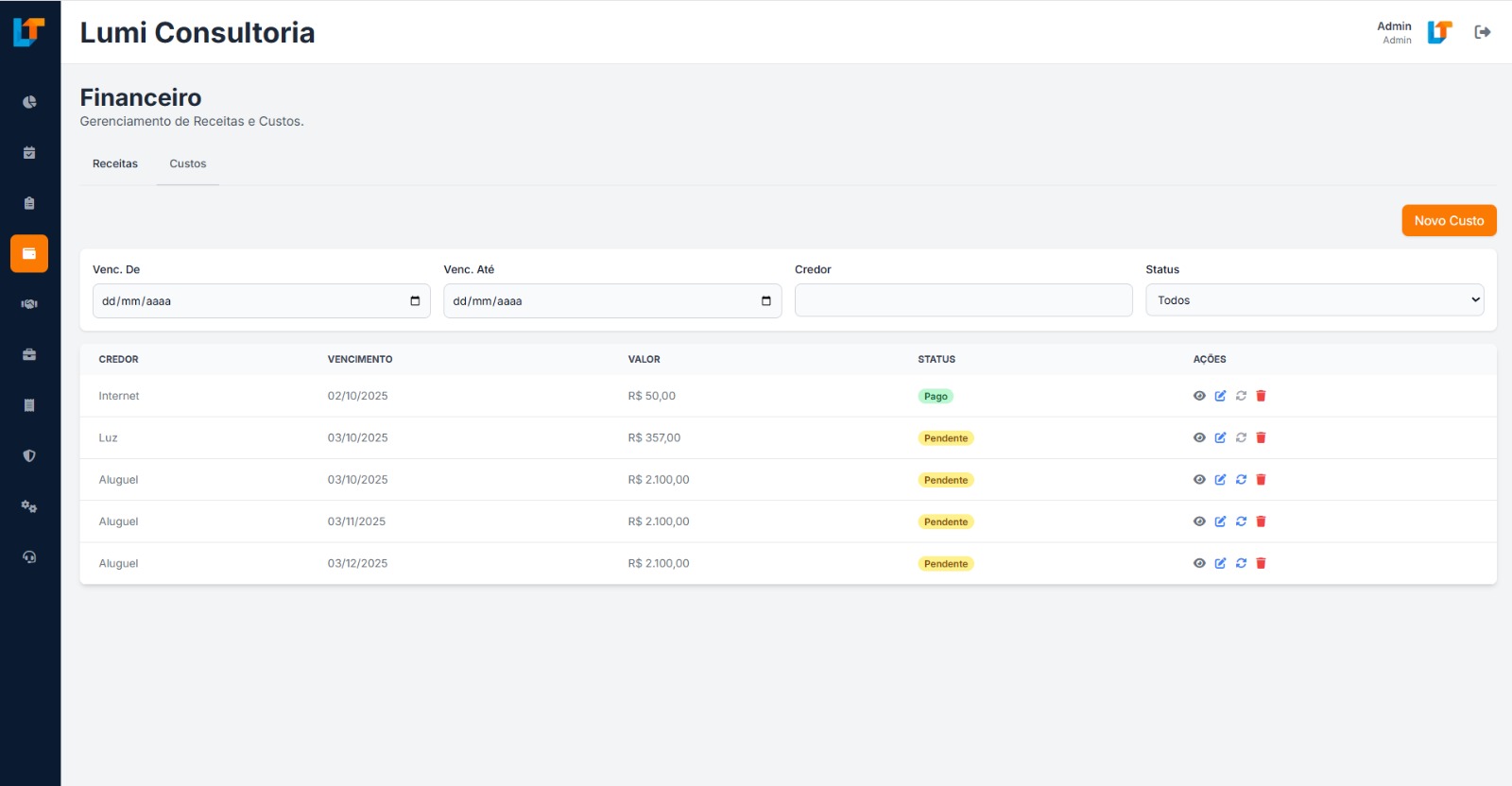 Tela do sistema mostrando o controle financeiro