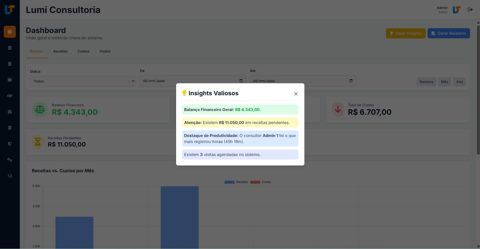 Tela do sistema mostrando um pop-up com insights valiosos